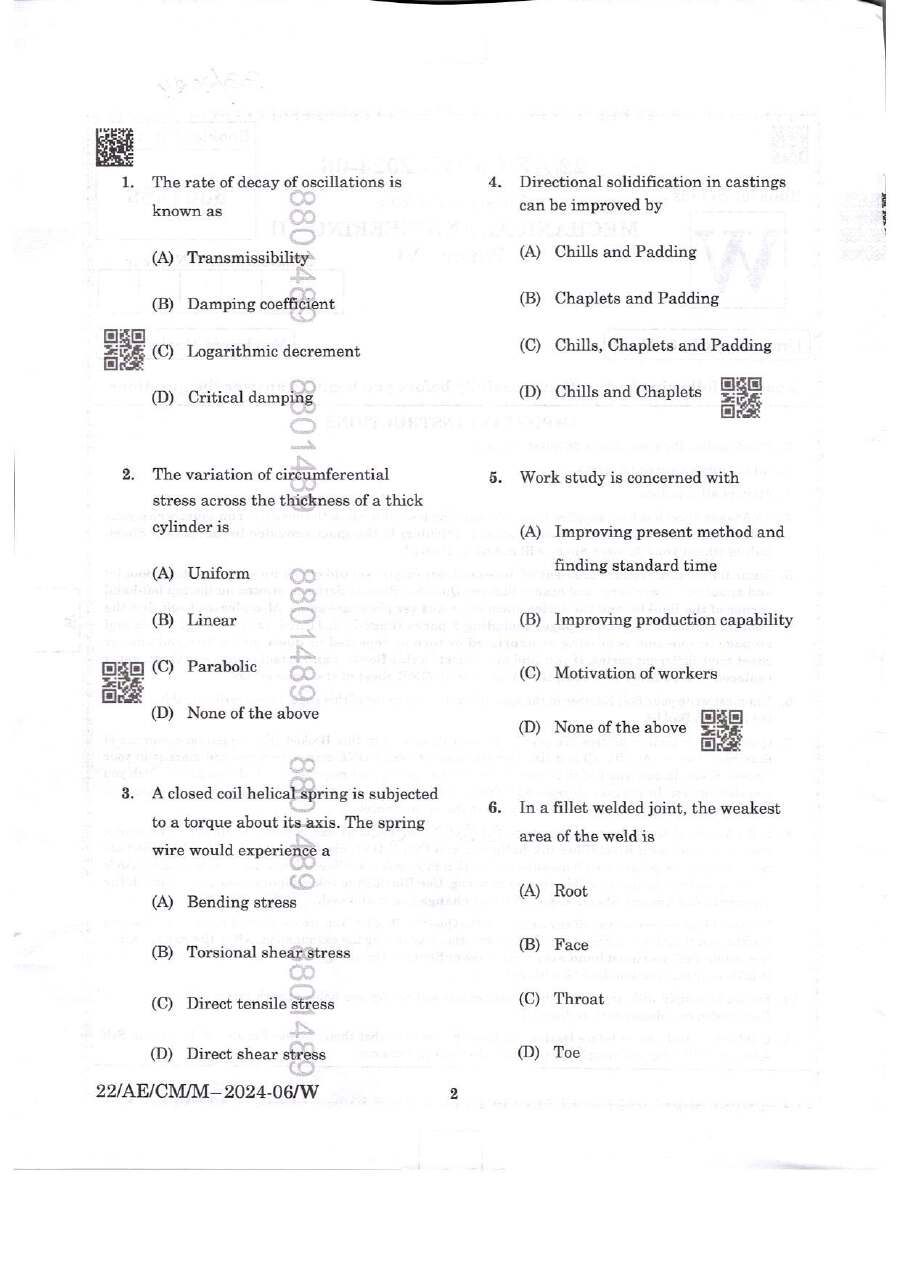 BPSC Assistant Engineer Mechanical Engineering Paper VI question paper page 1 instructions scan PDF download