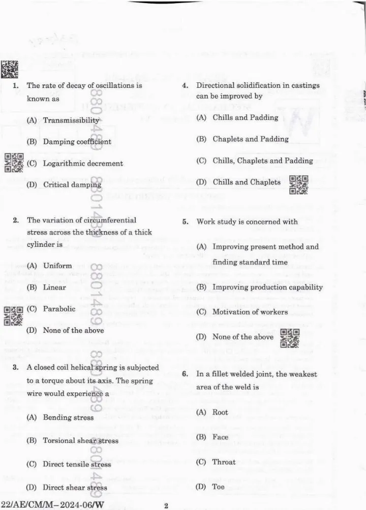 BPSC Assistant Engineer Mechanical Engineering Paper VI question paper page 1 instructions scan PDF download