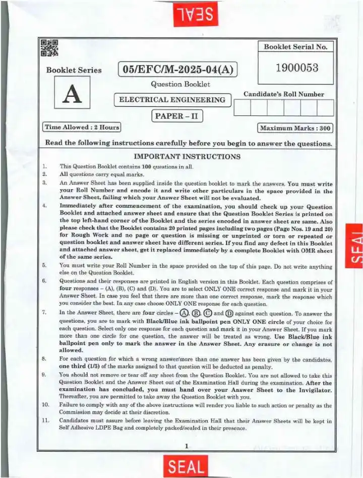 BPSC Assistant Environment Officer Electrical Engineering Paper II question paper page 1 instructions scan PDF download