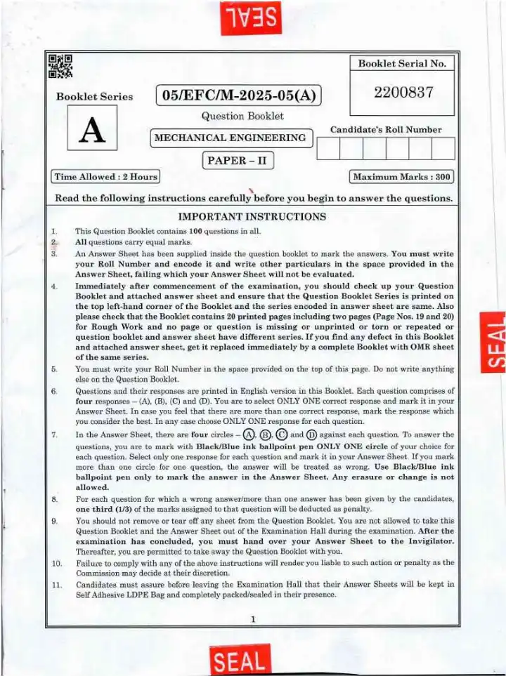 BPSC Assistant Environment Officer Mechanical Engineering Paper II question paper page 1 instructions scan PDF download