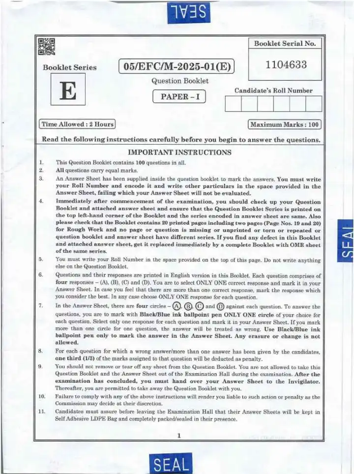 BPSC Assistant Environment Officer Paper I 2025 question paper page 1 instructions scan PDF download