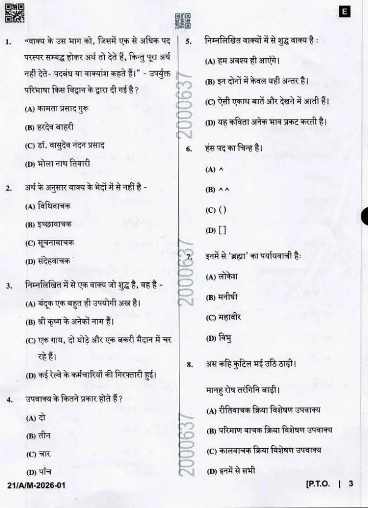 BPSC Assistant Section Officer General Hindi question paper page 1 instructions scan PDF download