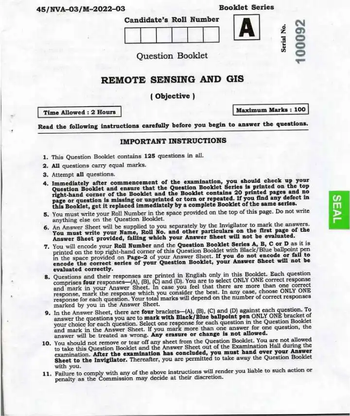 BPSC Assistant Town Plan Supervisor 2022 Remote Sensing GIS question paper page 1 instructions scan PDF download