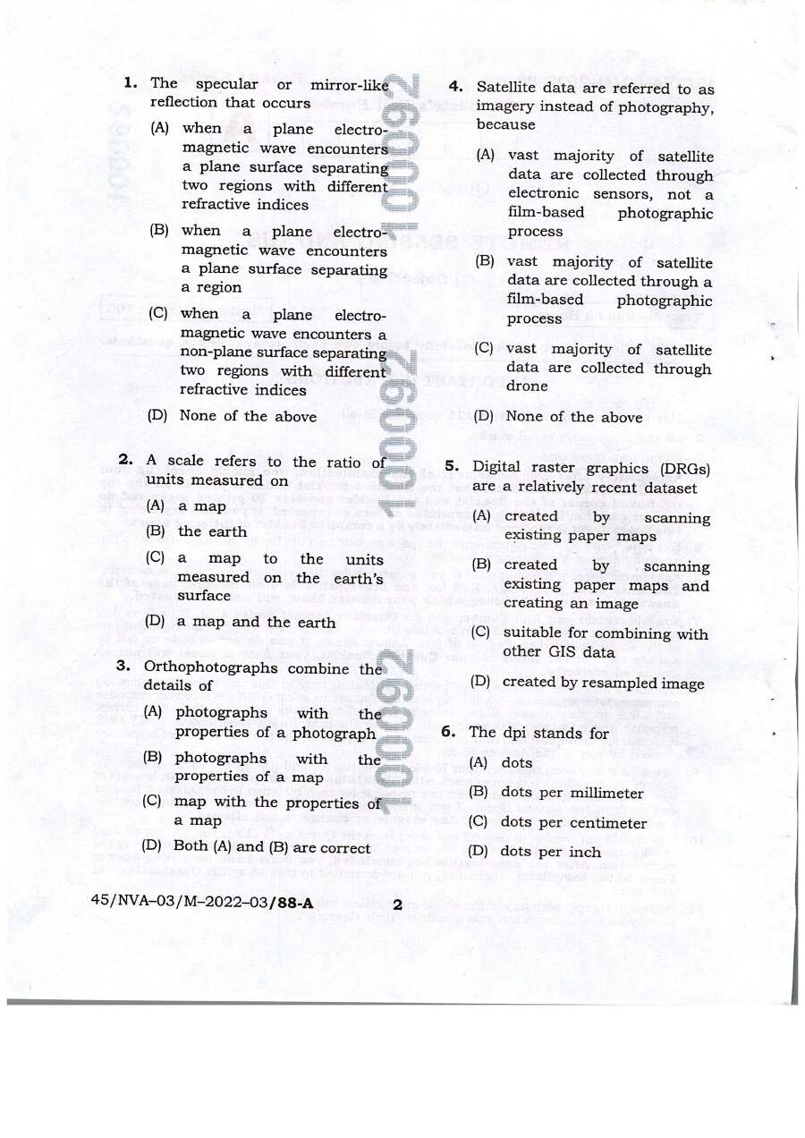 BPSC Assistant Town Plan Supervisor 2022 Remote Sensing GIS question paper page 1 instructions scan PDF download