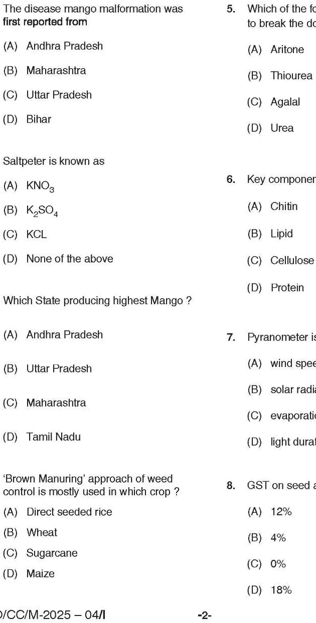 BPSC CCE Agriculture question paper page 1 instructions scan PDF download