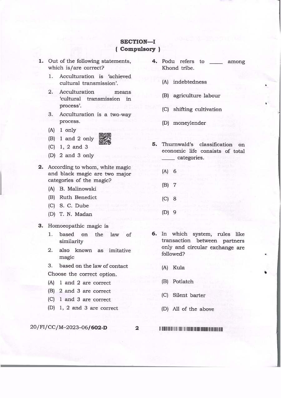 BPSC CCE Anthropology question paper page 1 instructions scan PDF download