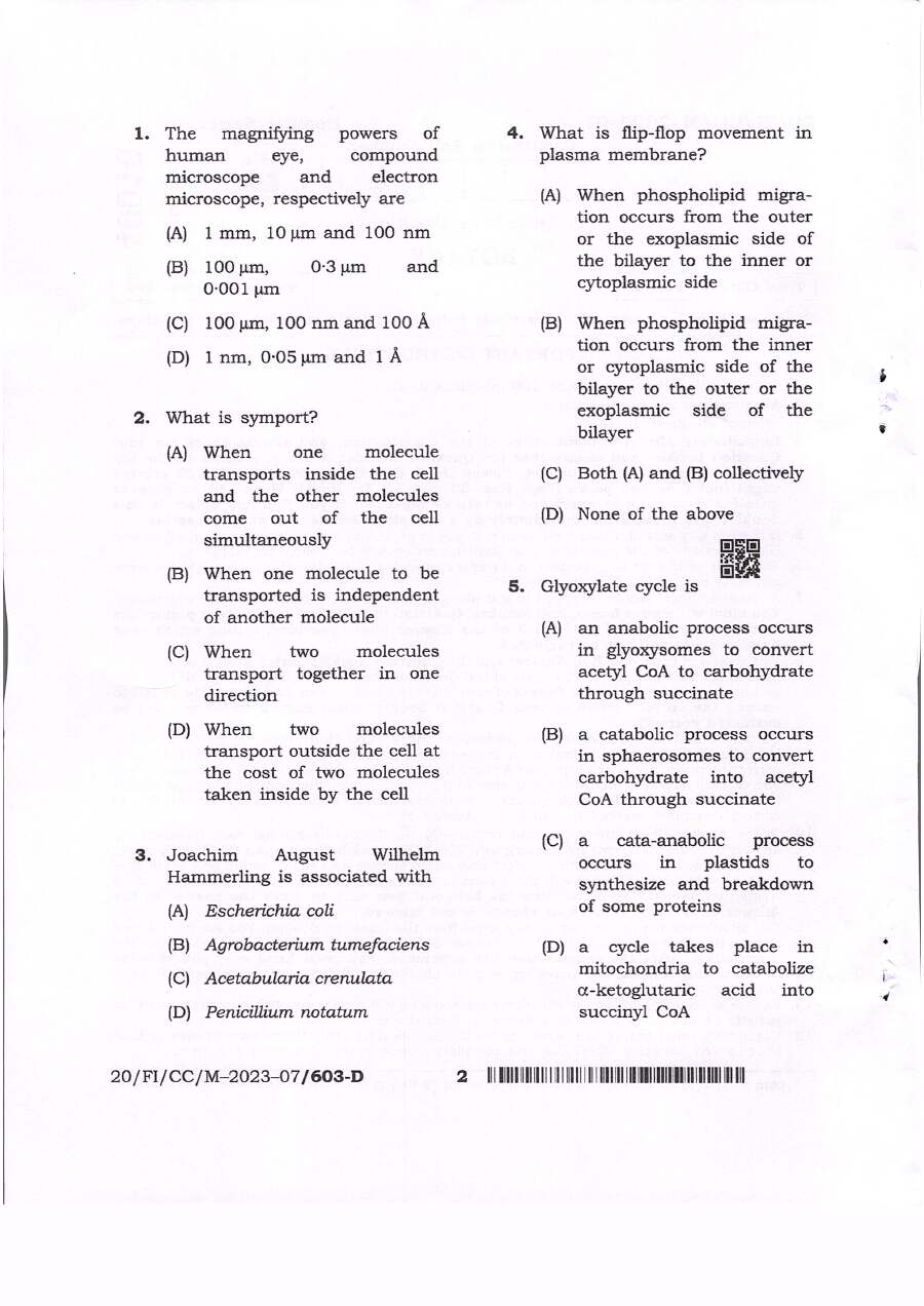 BPSC CCE Botany question paper page 1 instructions scan PDF download for Combined Competitive Examinations