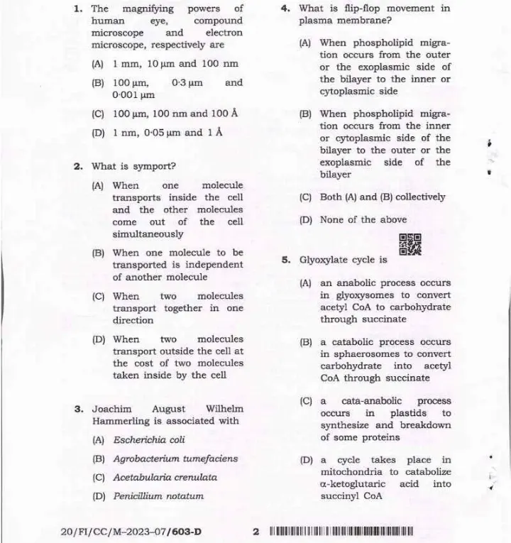BPSC CCE Botany question paper page 1 instructions scan PDF download for Combined Competitive Examinations