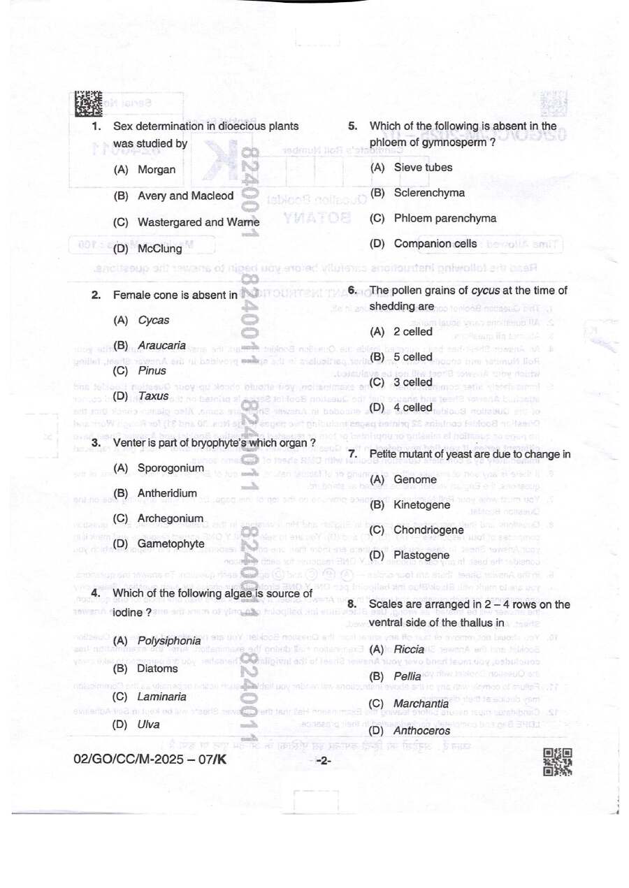 BPSC CCE Botany question paper page 1 instructions scan PDF download for Bihar government jobs exam preparation