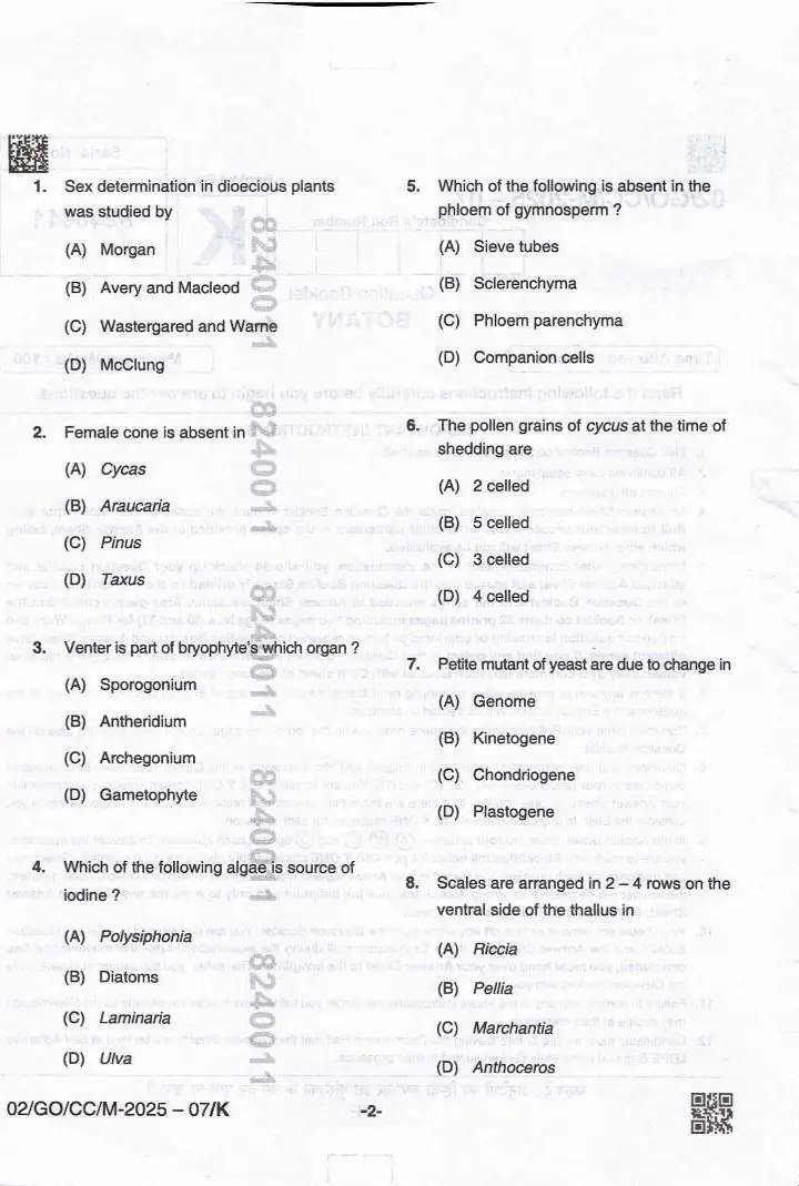 BPSC CCE Botany question paper page 1 instructions scan PDF download for Bihar government jobs exam preparation