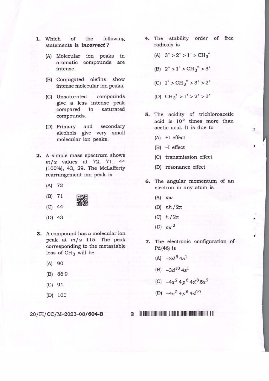 BPSC CCE Chemistry question paper 2023 page 1 instructions scan PDF download