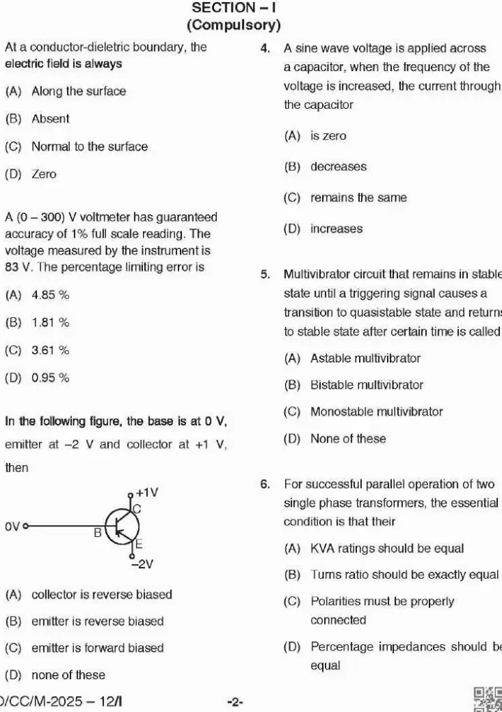 BPSC CCE Electrical Engineering question paper page 1 instructions scan PDF download. Combined Competitive Examinations paper.
