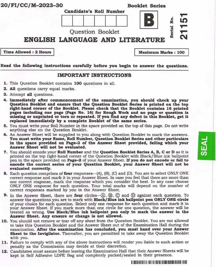 BPSC CCE English Language And Literature question paper 2023 page 1 instructions scan PDF download