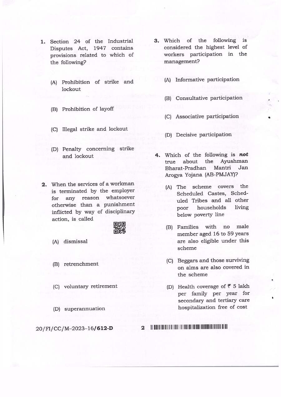 BPSC CCE Labour and Social Welfare question paper page 1 instructions scan PDF download