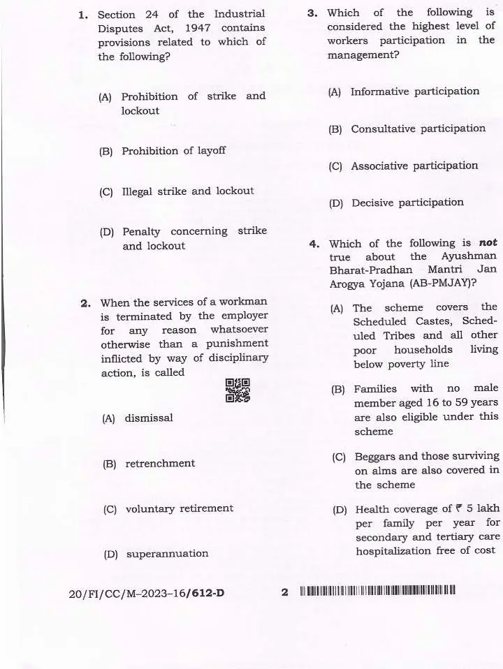 BPSC CCE Labour and Social Welfare question paper page 1 instructions scan PDF download