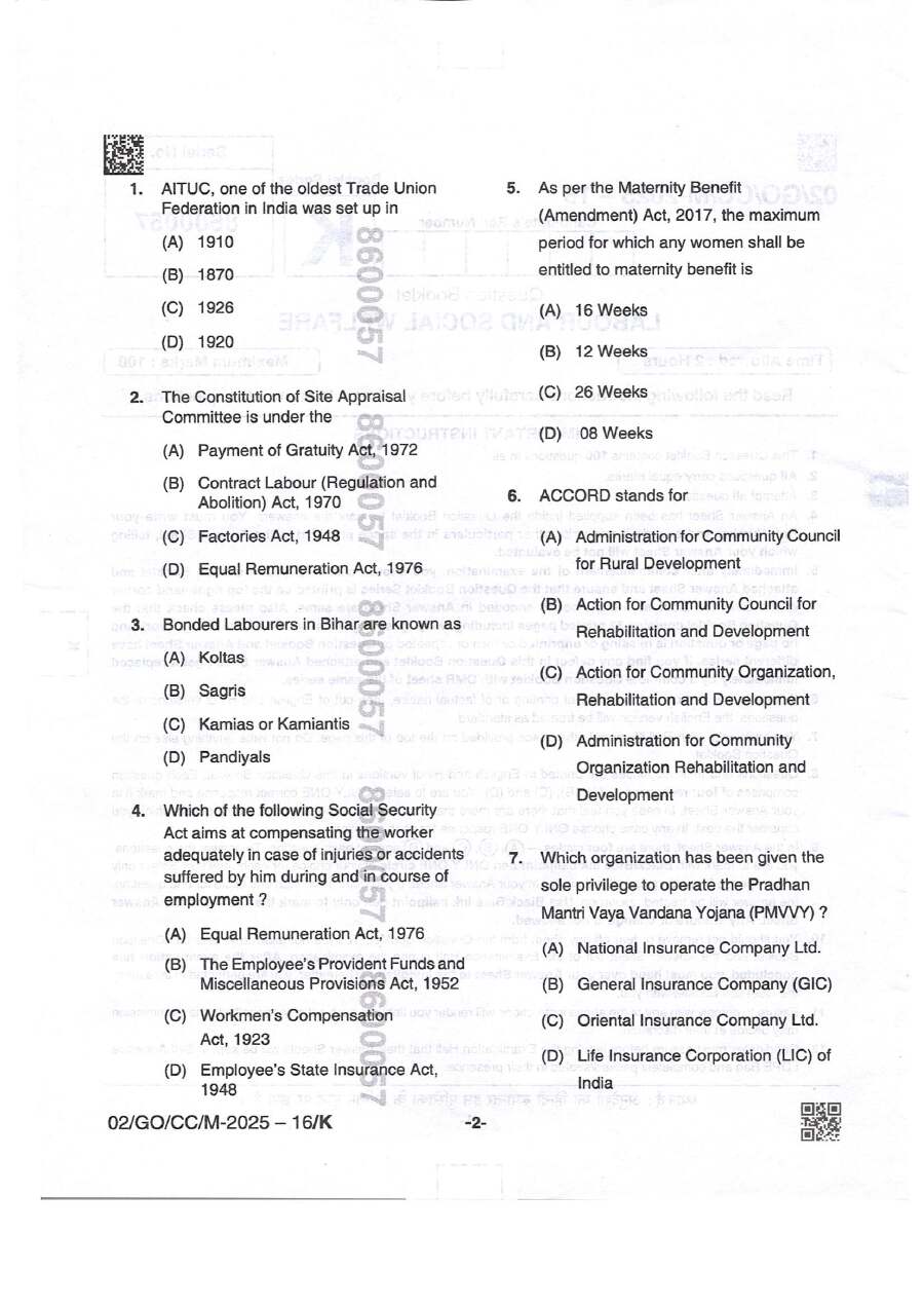 BPSC CCE Labour And Social Welfare question paper page 1 instructions scan PDF download for Bihar Government Jobs