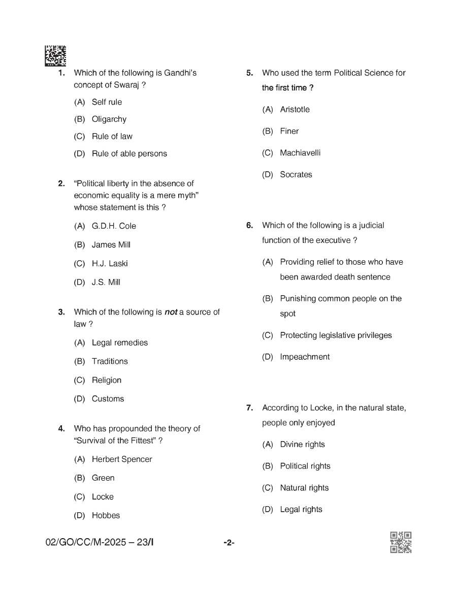 BPSC CCE Political Science And International Relations question paper page 1 instructions scan PDF download