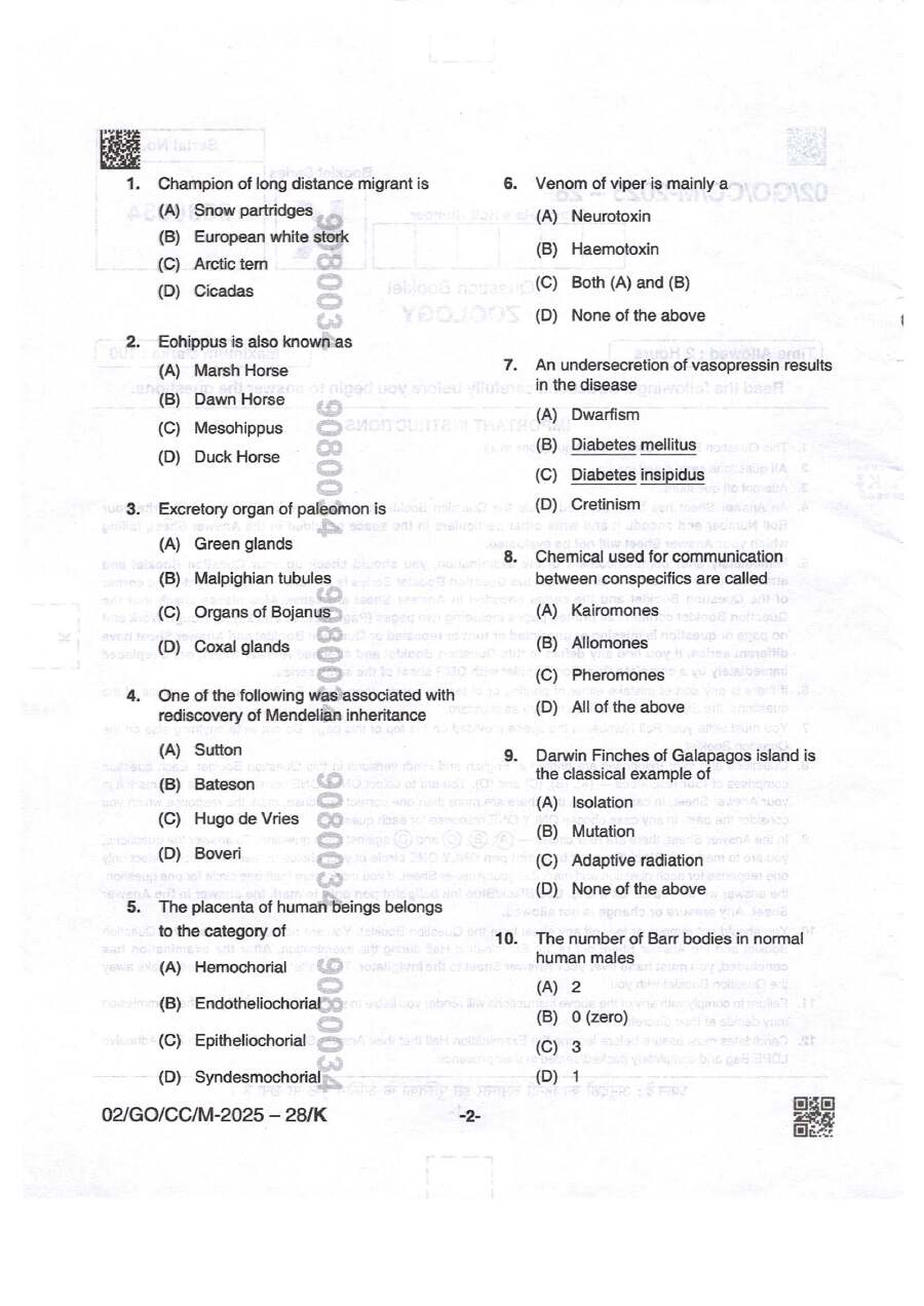 BPSC CCE Zoology question paper 2025 page 1 scan showing important instructions, time allowed (2 Hours), and maximum marks (100). PDF download available.