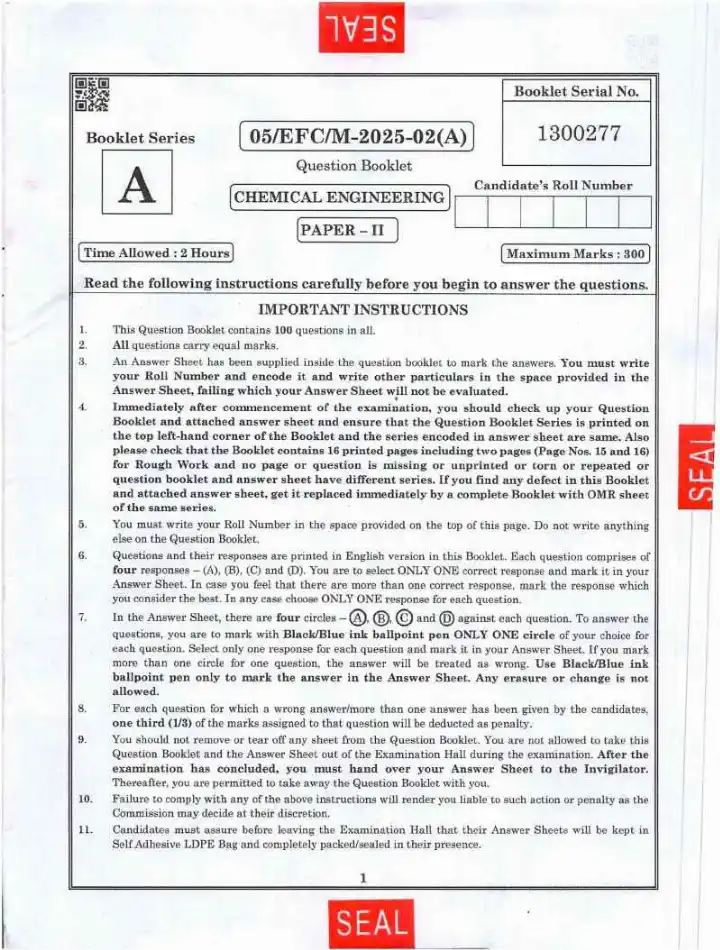 BPSC Chemical Engineering Paper II 2025 question paper page 1 instructions scan PDF download for Assistant Environment Officer exam