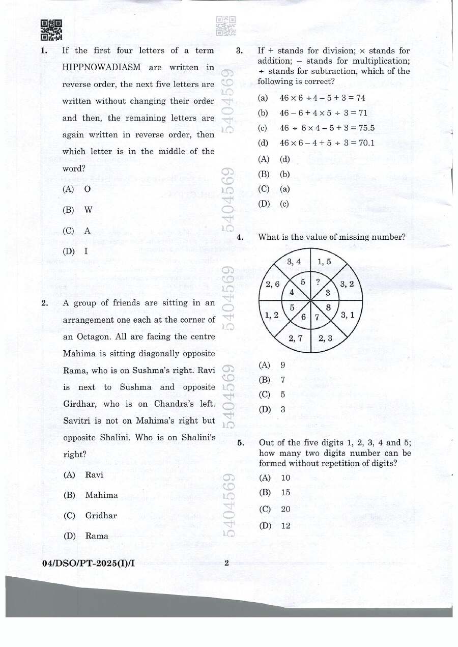 BPSC DSO Assistant Director General Studies question paper page 1 instructions scan PDF download