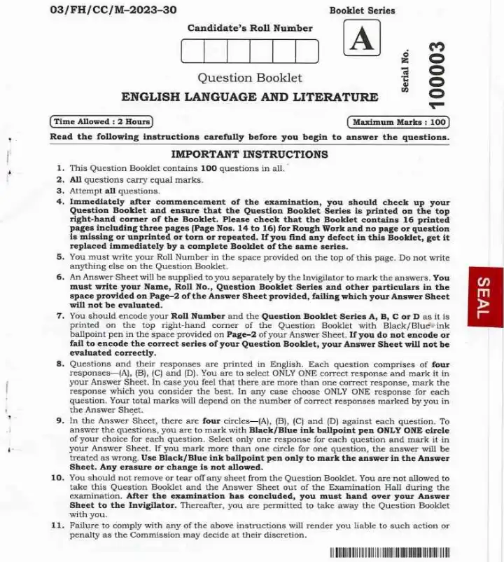 BPSC English Language & Literature question paper 2023 page 1 instructions scan PDF download for Combined Competitive Examination (CCE)
