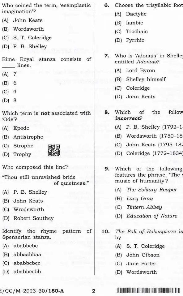 BPSC English Language & Literature question paper 2023 page 1 instructions scan PDF download for Combined Competitive Examination (CCE)