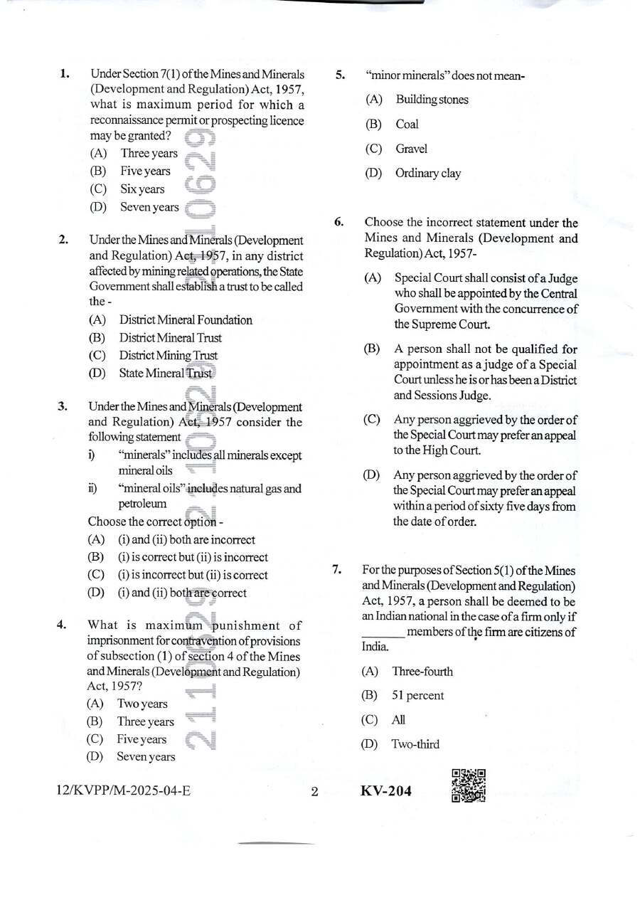 BPSC Mineral Development Officer Mineral Policy question paper page 1 instructions scan PDF download