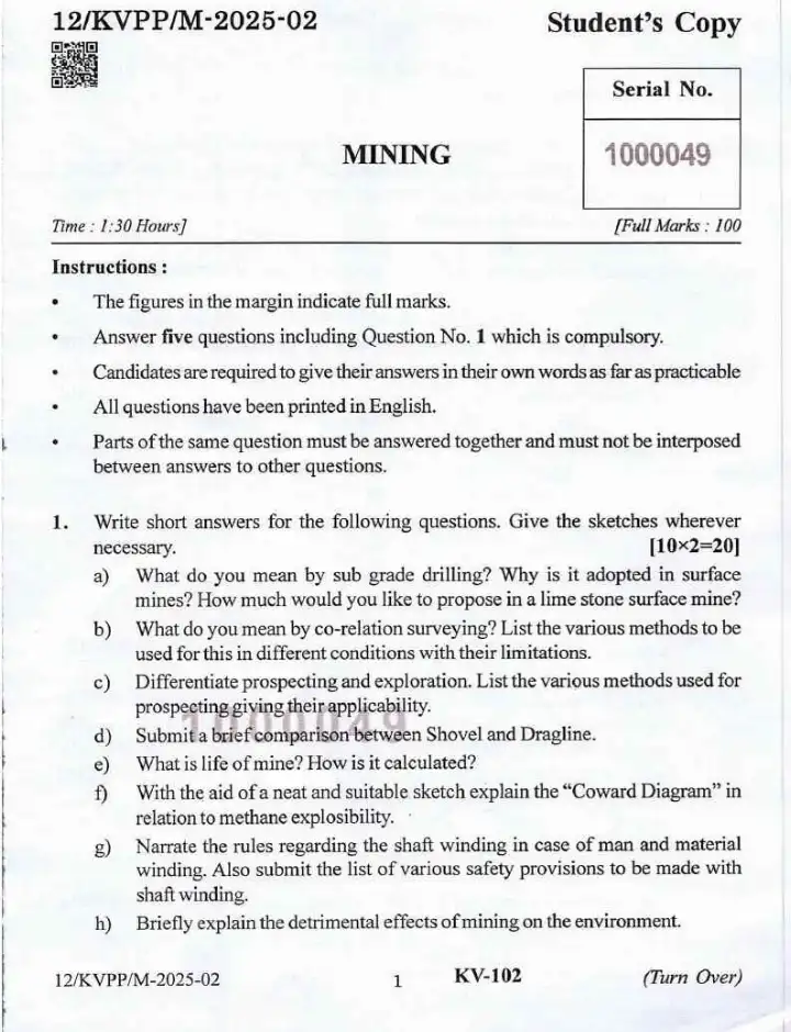 BPSC Mineral Development Officer Mining question paper 2025 page 1 instructions and header scan PDF download