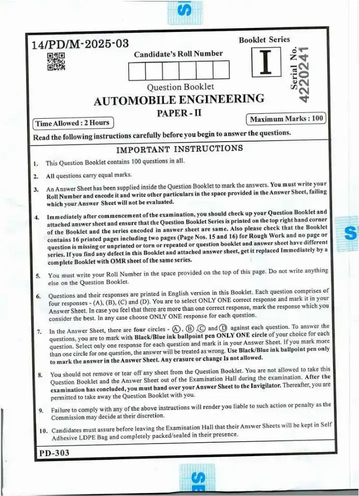 BPSC Motor Vehicle Inspector Automobile Engineering Paper II question paper page 1 instructions scan PDF download
