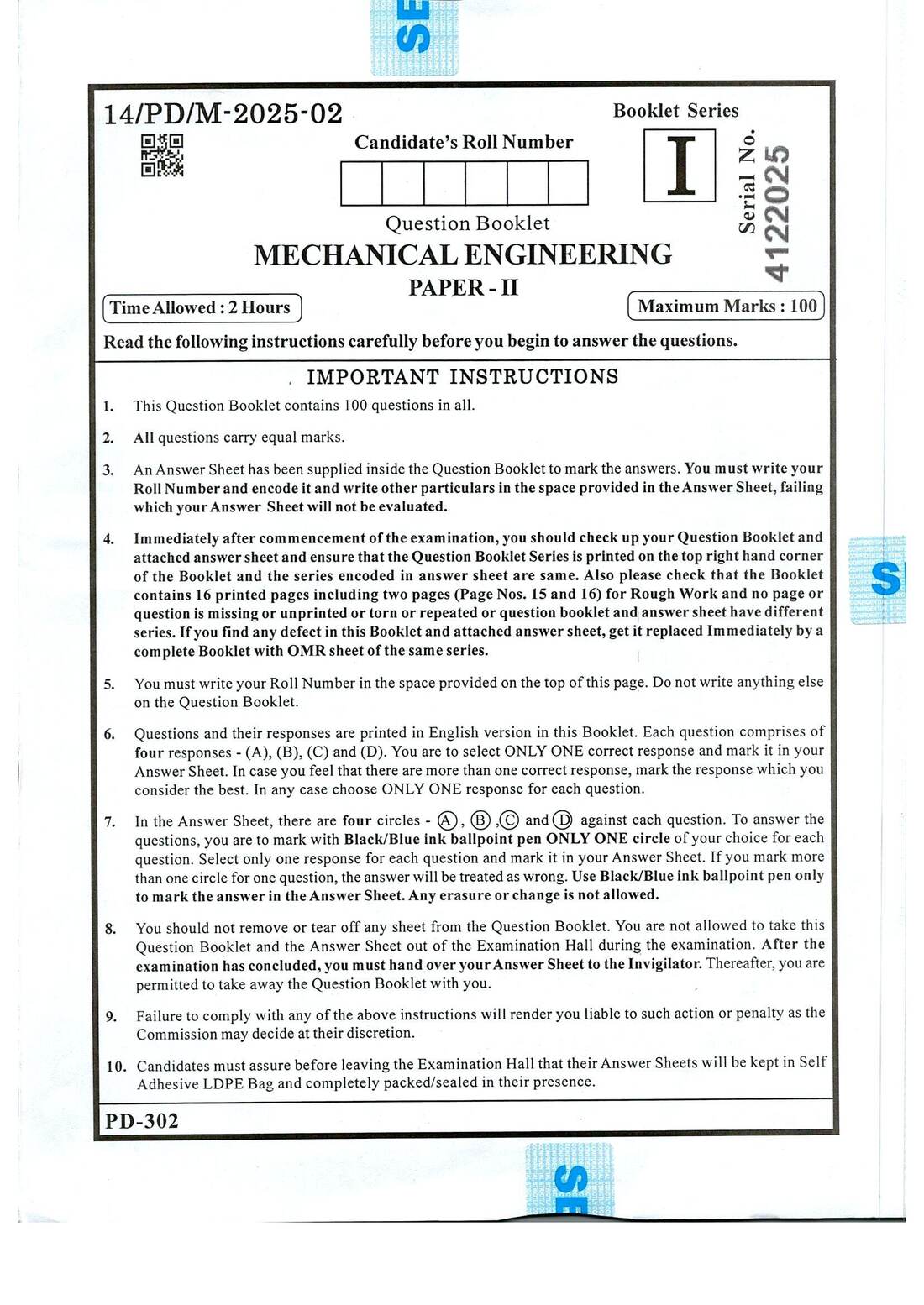 BPSC Motor Vehicle Inspector Mechanical Engineering Paper II question paper page 1 instructions scan PDF download