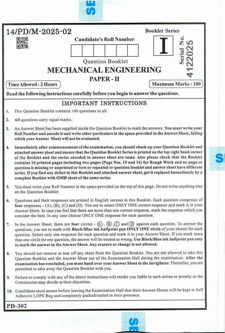BPSC Motor Vehicle Inspector Mechanical Engineering Paper II question paper page 1 instructions scan PDF download