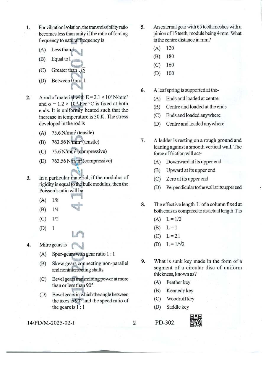 BPSC Motor Vehicle Inspector Mechanical Engineering Paper II question paper page 1 instructions scan PDF download