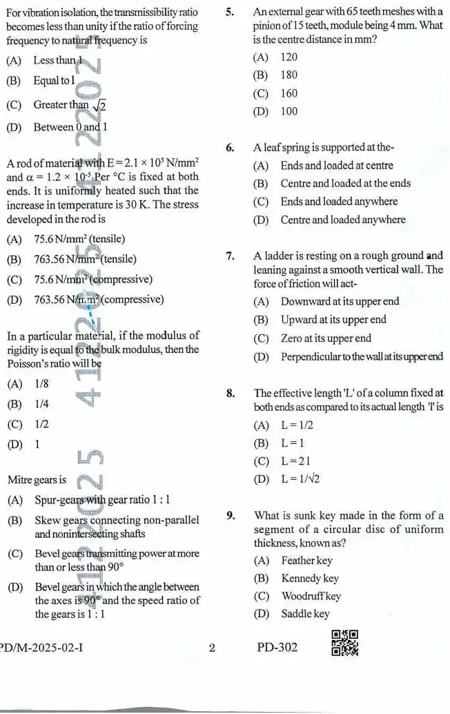 BPSC Motor Vehicle Inspector Mechanical Engineering Paper II question paper page 1 instructions scan PDF download