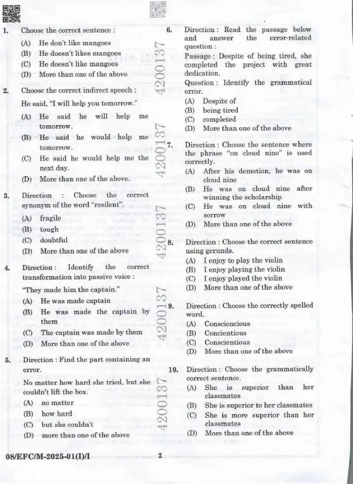 BPSC PRO 2025 Paper I question paper page 1 scan, showing exam header and important instructions for Bihar Public Relations Officer exam PDF download.