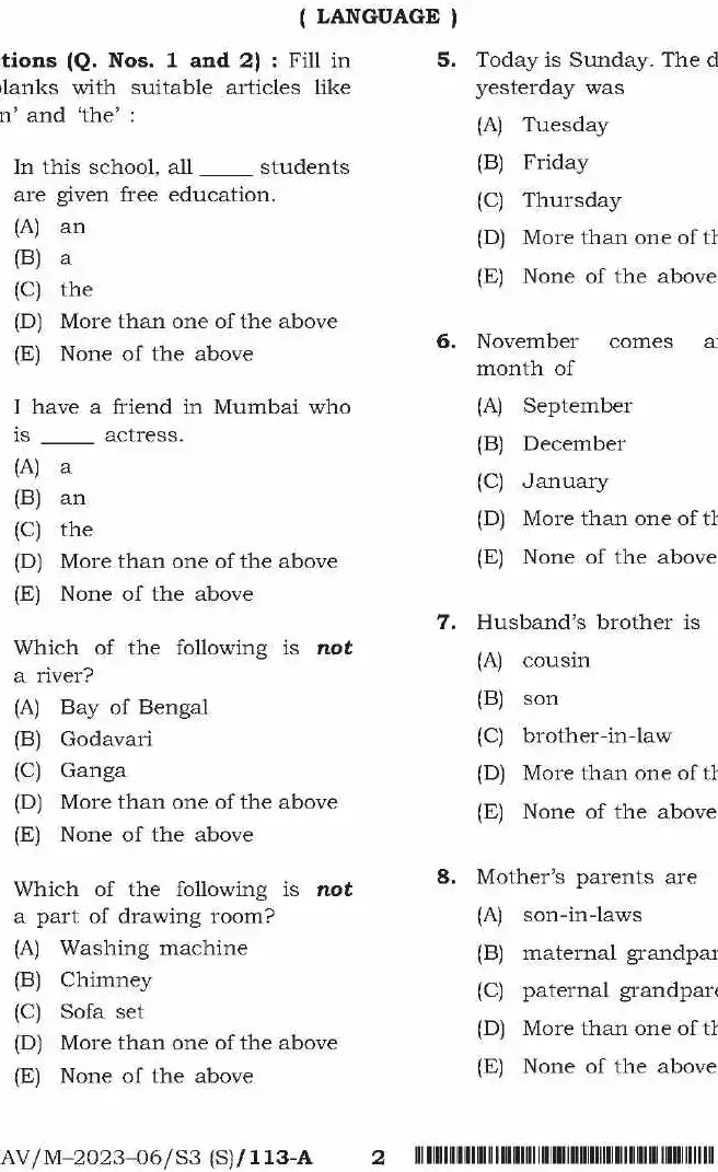 BPSC Teacher Recruitment Exam 2023 Language, General Studies And Arabic question paper page 1 instructions scan PDF download