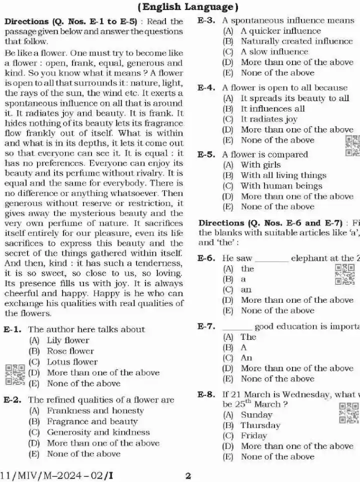 BPSC Teacher Recruitment Exam 2024 Language, General Studies question paper page 1 instructions scan PDF download