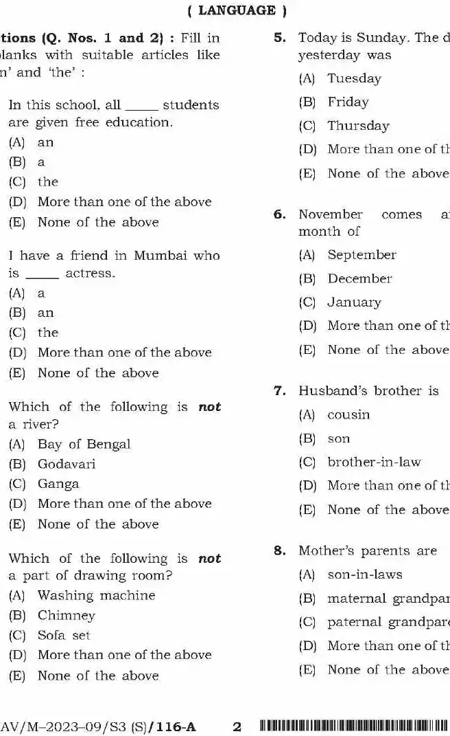 BPSC Teacher Recruitment Exam 2023 Language, General Studies & Maths question paper page 1 instructions scan PDF download