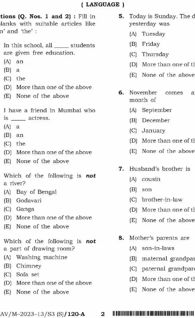 BPSC Teacher Recruitment Language General Studies Fine Arts question paper page 1 instructions scan PDF download