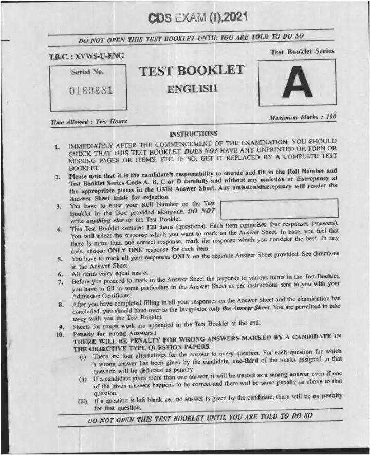CDS I 2021 English question paper page 1 instructions scan PDF download