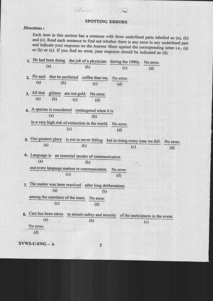CDS I 2021 English question paper page 1 instructions scan PDF download