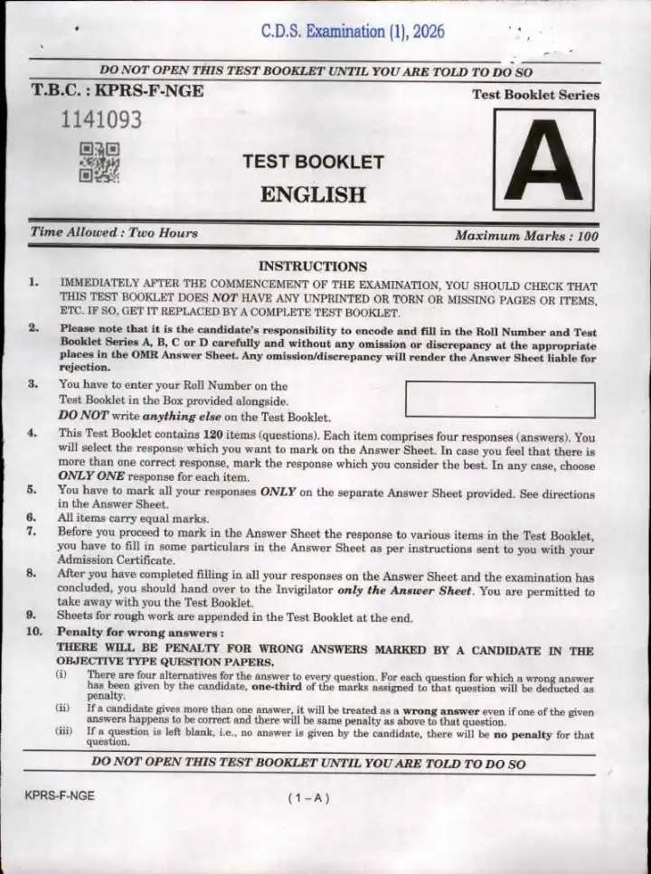 CDS I 2026 English question paper page 1 instructions scan PDF download UPSC Combined Defence Services Examination