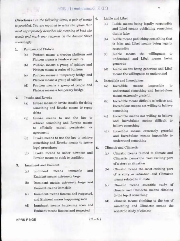 CDS I 2026 English question paper page 1 instructions scan PDF download UPSC Combined Defence Services Examination