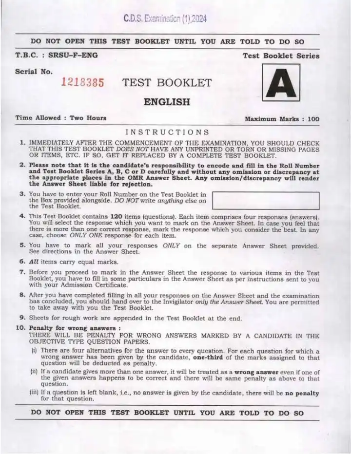 CDS 2024 English question paper page 1 instructions scan PDF download UPSC Combined Defence Services exam
