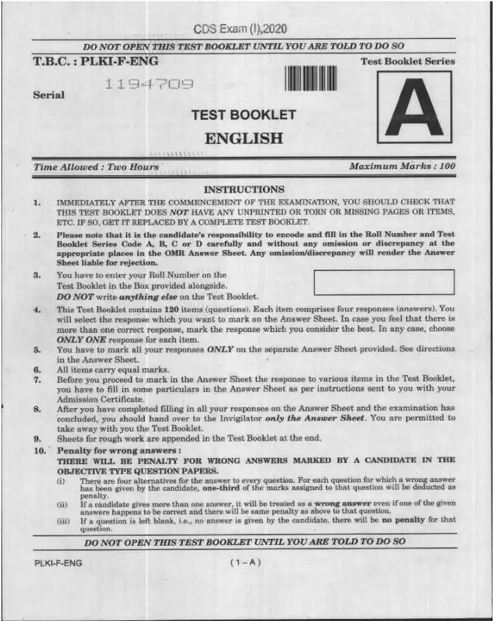 CDS I 2020 English question paper page 1 scan showing UPSC exam instructions and header details PDF download