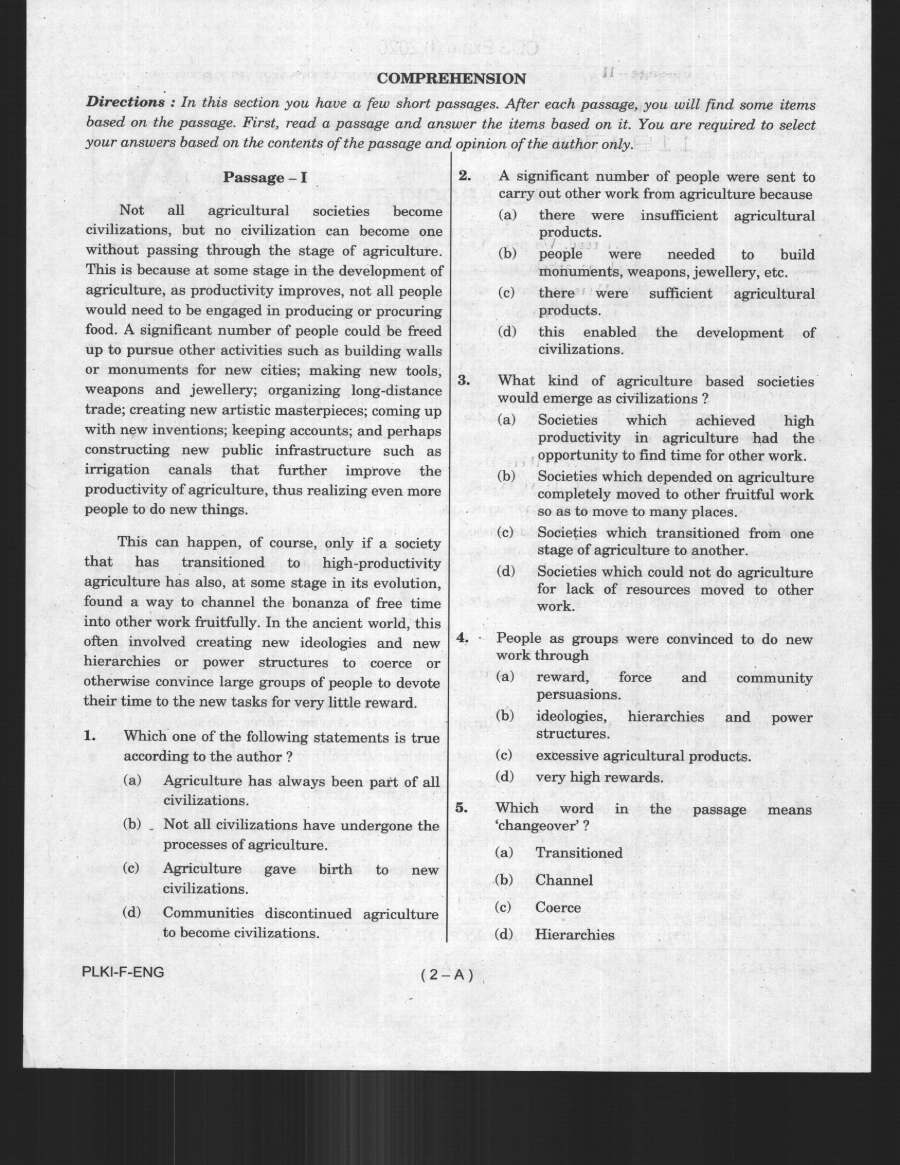 CDS I 2020 English question paper page 1 scan showing UPSC exam instructions and header details PDF download