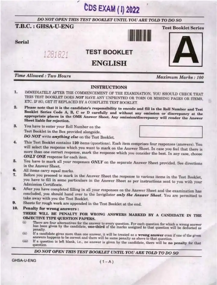 CDS (I) 2022 English question paper page 1 instructions scan PDF download UPSC Combined Defence Services Exam