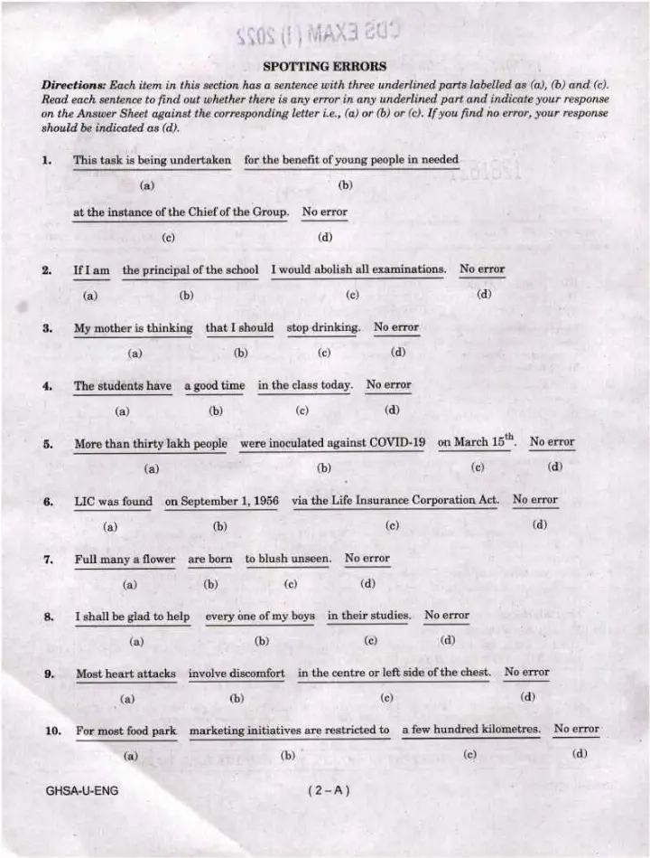 CDS (I) 2022 English question paper page 1 instructions scan PDF download UPSC Combined Defence Services Exam