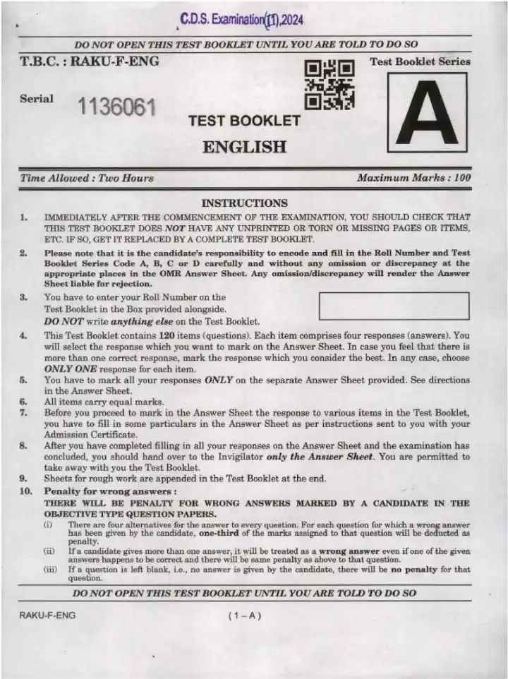 CDS I 2024 English question paper page 1 instructions scan PDF download UPSC Combined Defence Services Exam
