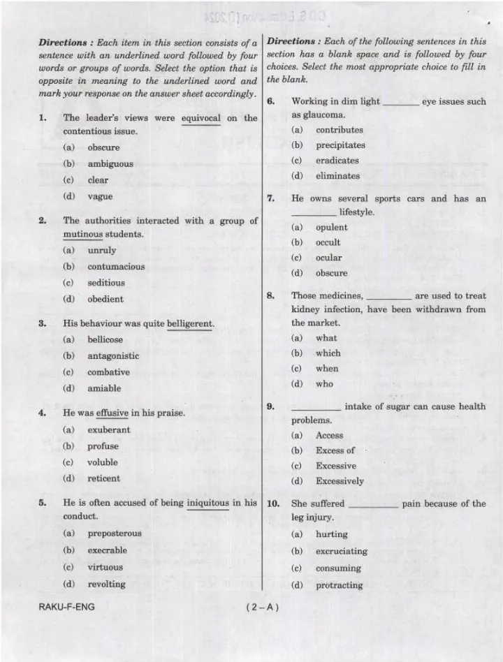CDS I 2024 English question paper page 1 instructions scan PDF download UPSC Combined Defence Services Exam