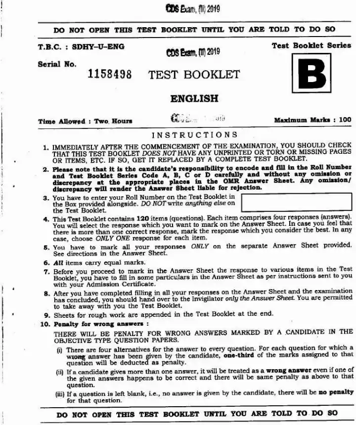 CDS (II) 2019 English question paper page 1 instructions scan PDF download. UPSC Combined Defence Services Exam paper.